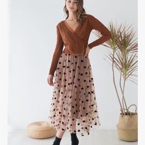 Double-Layered Mesh Midi Skirt Black Heart Patterned Tan Skirt S/M